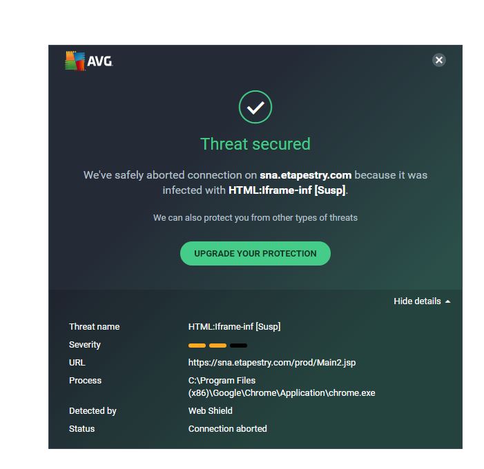 Screenshot of threat message with details