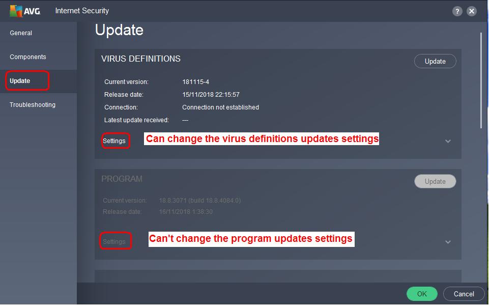 AVG update settings
