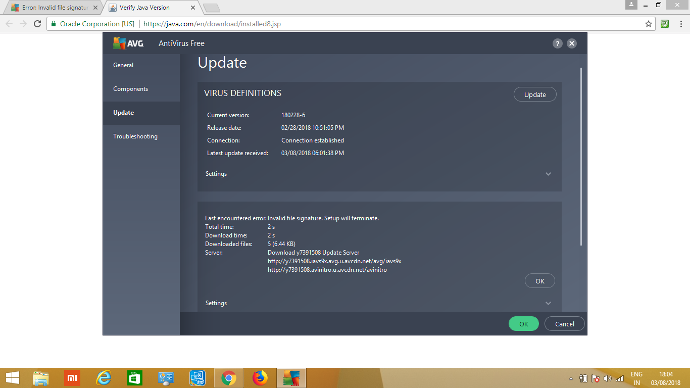 Error invalid file signature setup will terminate avg