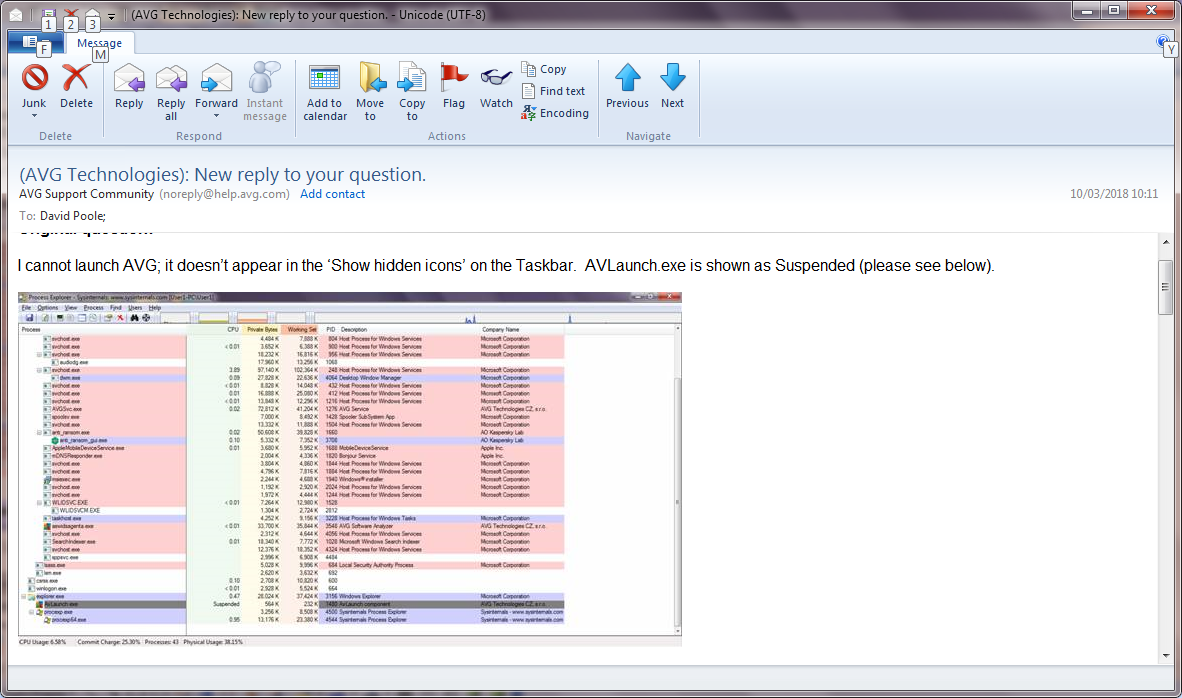 AVG Free AVLaunch.exe suspended Win 7 Pro | AVG