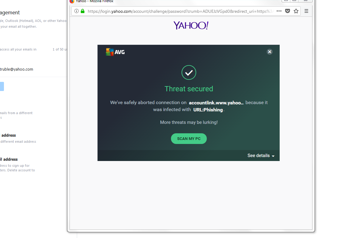 AVG display when attempt to link my two Yahoo email accounts