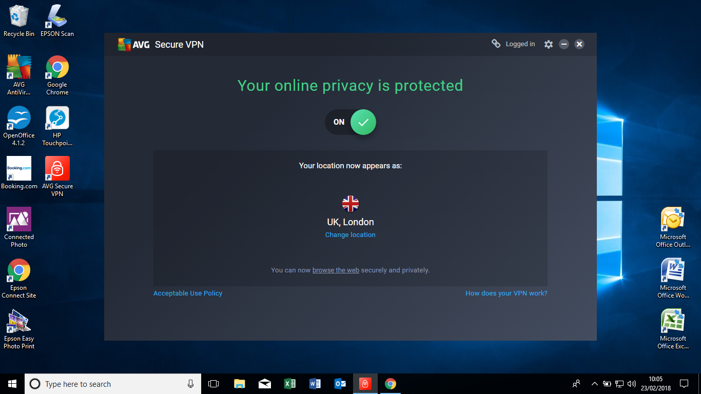 Secure VPN Screenshot, the green oval "browse internet" button has disappeared.