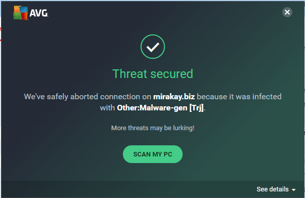Threat Malware-gen on mirakay.biz when opening new page in Chrome