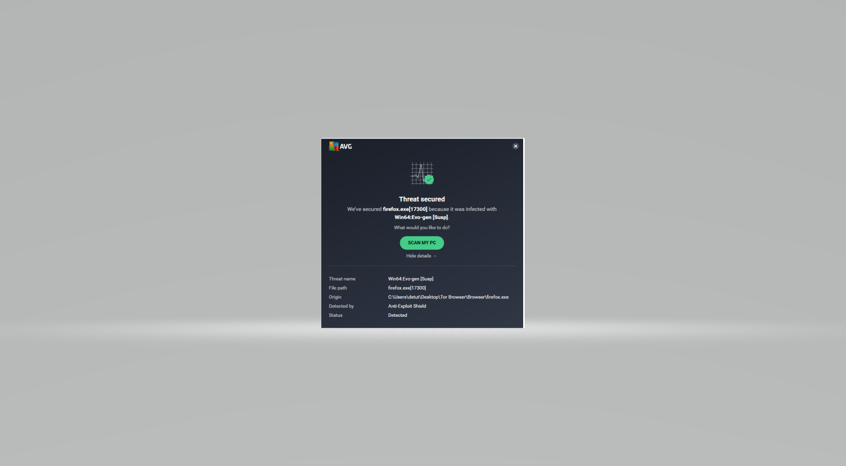 Screenshot of AVG threat popup