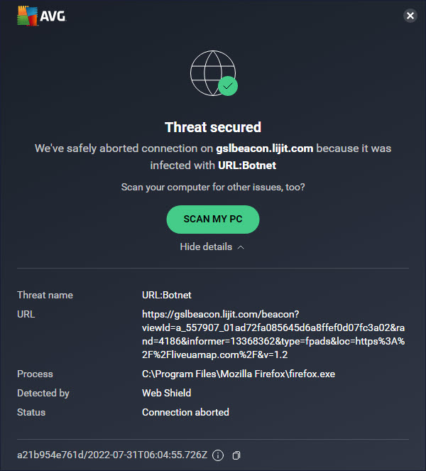 Threat secured. We've safely aborted connection on gslbeacon.lijit.com because it was infected with URL:Botnet
