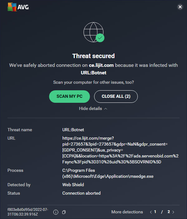 Threat secured. We've safely aborted connection on ce.lijit.com because it was infected with URL:Botnet