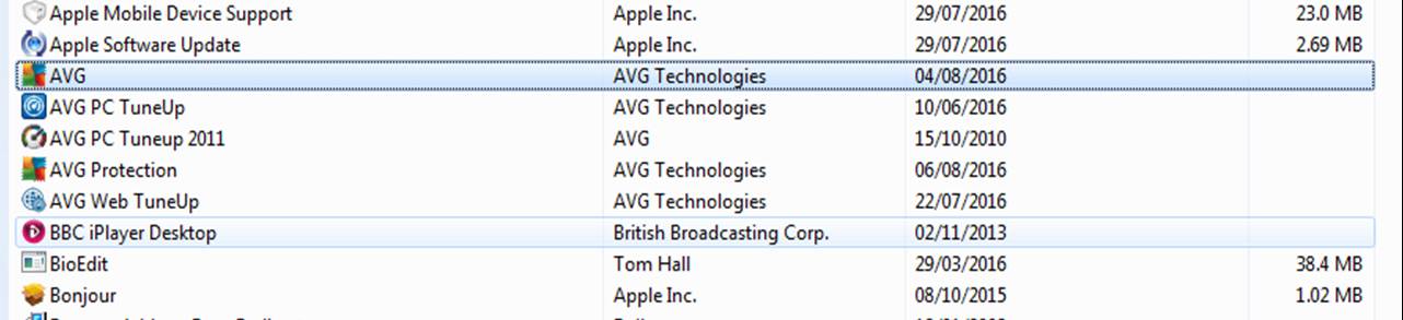 AVG programs in the 'control panel' list