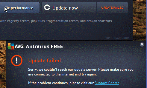 Screen shot of Update failed message