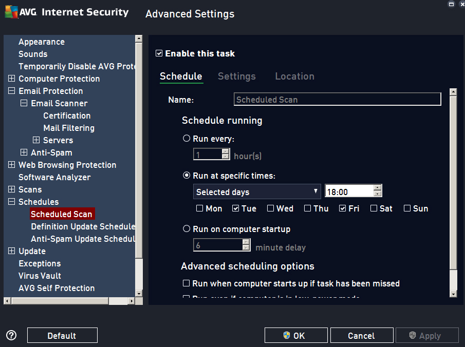 Scheduled scan page of a proper internet security program - not Avast rubbish