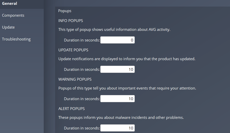 AVG pop-up settings