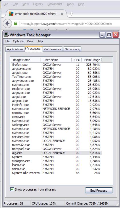 Windows Task Manager sorted by Mem useage